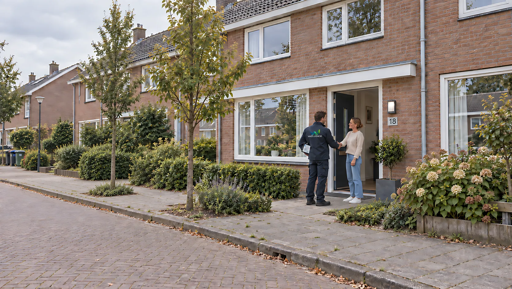 Adviseur van WOVANCE met tablet begroet een bewoner bij de voordeur; de WOVANCE-bus staat voor het huis
